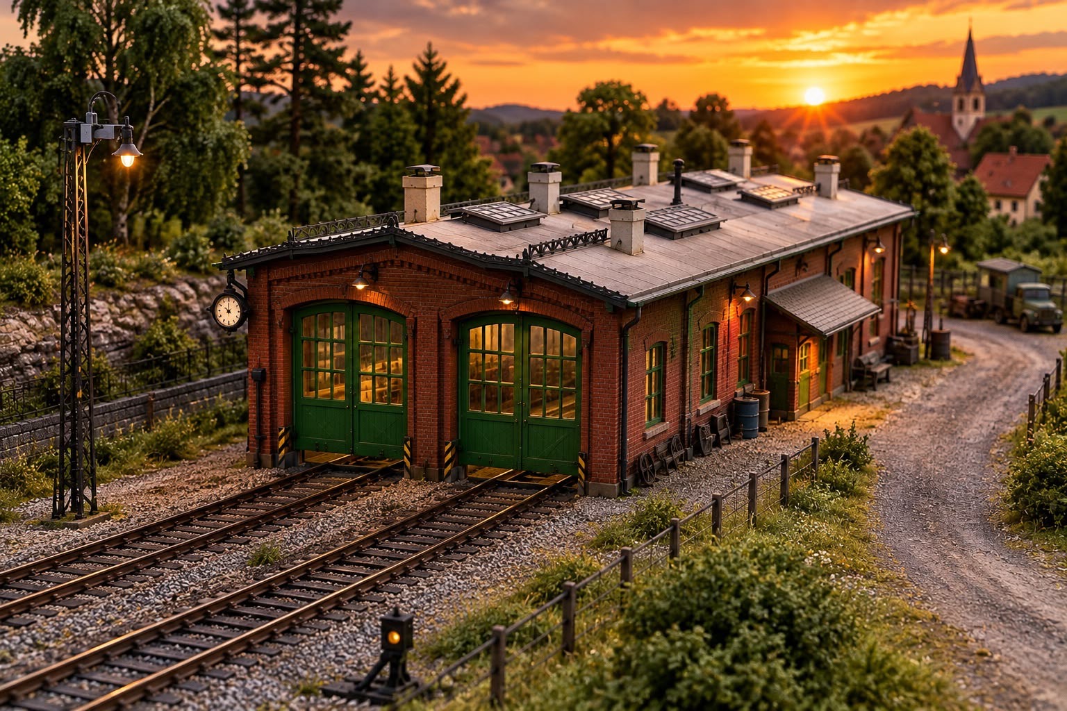Modellbahn-BW bei Sonnenuntergang